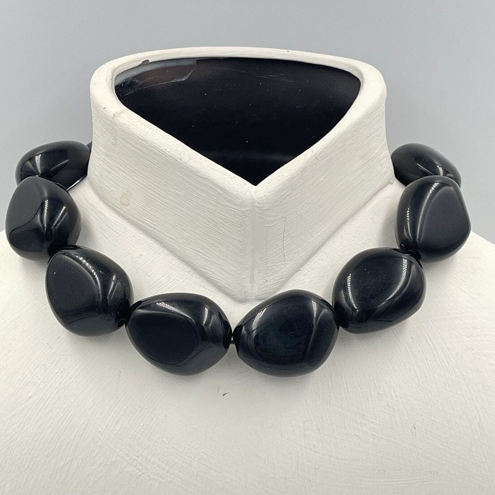 Chaps Large Black Stones Chunky Statement Necklace Choker 18" / 1.5" Beads Gloss